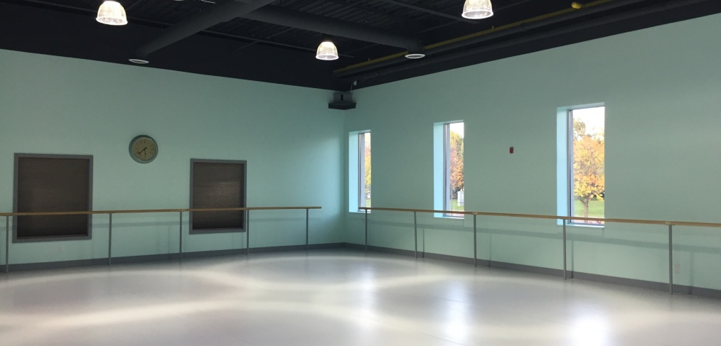 Empty dance studio with large windows and ballet barres.
