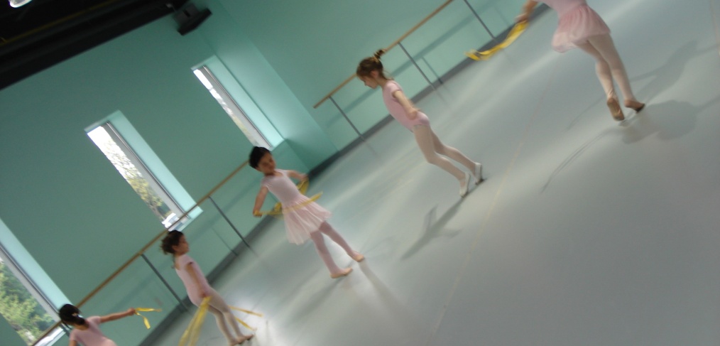 Young ballet dancers practicing at the barre in a bright studio.