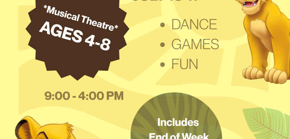 Lion King-themed summer dance camp for kids aged 4-8, July 13-17.